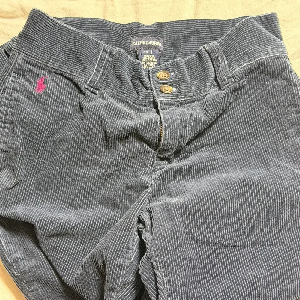 Ralph Lauren Girls Corduroy Navy Blue Pants Size 10 Straight Leg Pink Pony